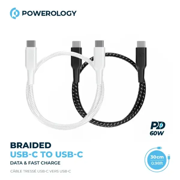 POWEROLOGY BRAIDED USB-C TO USB-C CABLE PD 60W | 30CM | WHITE